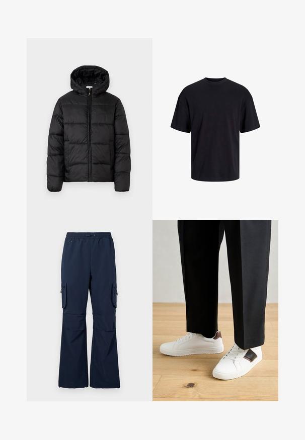 Mustapukuinen puhvijakku, jossa on huppu, vaakasuorat tikatut paneelit, vetoketjukiinnitys ja sileä, kiiltävä pinta.; Musta puuvillapaita, jossa on pyöreä kaula-aukko, lyhyet hihat ja rento muotoilu. Yksinkertainen ja sileä pinta, ilman näkyviä kuvioita tai koristeita.; Vaatteet suurilla taskuilla, kevyestä kankaasta valmistettuja laivaston sinisiä cargo-housuja, joissa on kiristettävä vyötärö, kaksi sivutaskua ja vetoketjulliset cargo-taskut molemmissa jaloissa.; Valkoiset tennarit, joissa on sileä pinta, ruskealla nahka-akentilla ja mustilla yksityiskohdilla, yhdistetty mustiin räätälöityihin housuihin. Taustalla puulattia.