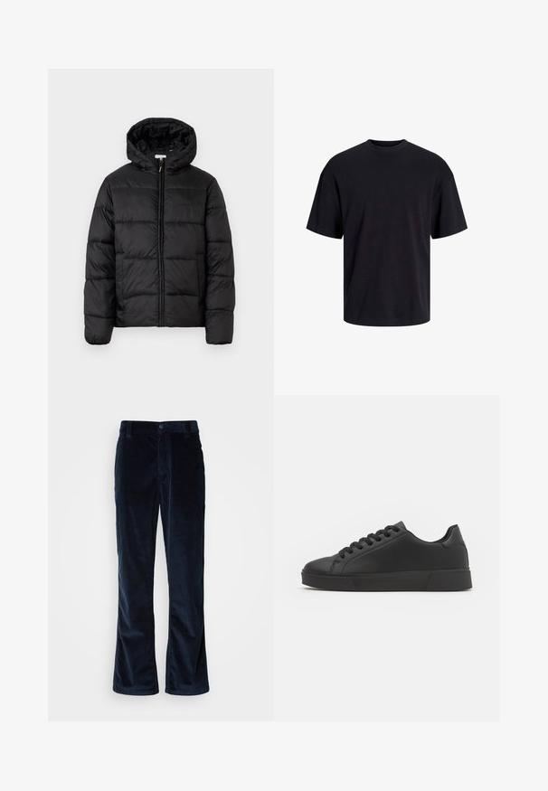 Veste matelassée noire avec capuche, présentant des panneaux matelassés horizontaux, un devant zippé et une texture lisse et brillante.; T-shirt en coton noir avec un col ras du cou, des manches courtes et une coupe décontractée. Texture lisse sans motifs ni accents visibles.; Pantalons en velours côtelé bleu marine avec une coupe droite, présentant un ribbing vertical, une fermeture à bouton et des poches avant.; Baskets basses noires en matériau synthétique lisse. Bout rond, design à lacets et semelle plate en caoutchouc avec des accents texturés.