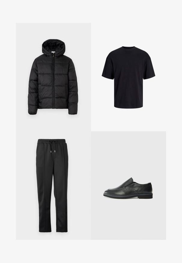 Crna puffer jakna s kapuljačom, koja ima horizontalne kvadratne panele, zatvaranje na zip sprijeda i glatku, sjajnu teksturu.; Crna pamučna majica s okruglim izrezom, kratkim rukavima i opuštenim krojem. Glatka tekstura bez vidljivih uzoraka ili dekoracija.; Crne dukserice od pamuka s podesivim pojasom, elastičnim manžetama i glatkom tkaninom koja sadrži suptilne detalje na bočnim panelima. Nema vidljivih metalnih elemenata.; Crne kožne cipele na sklapanje s glatkom gornjom površinom, prošivenim detaljima, zaobljenim vrhom i niskim gumene potplate. Potplat ima minimalne uzorke.