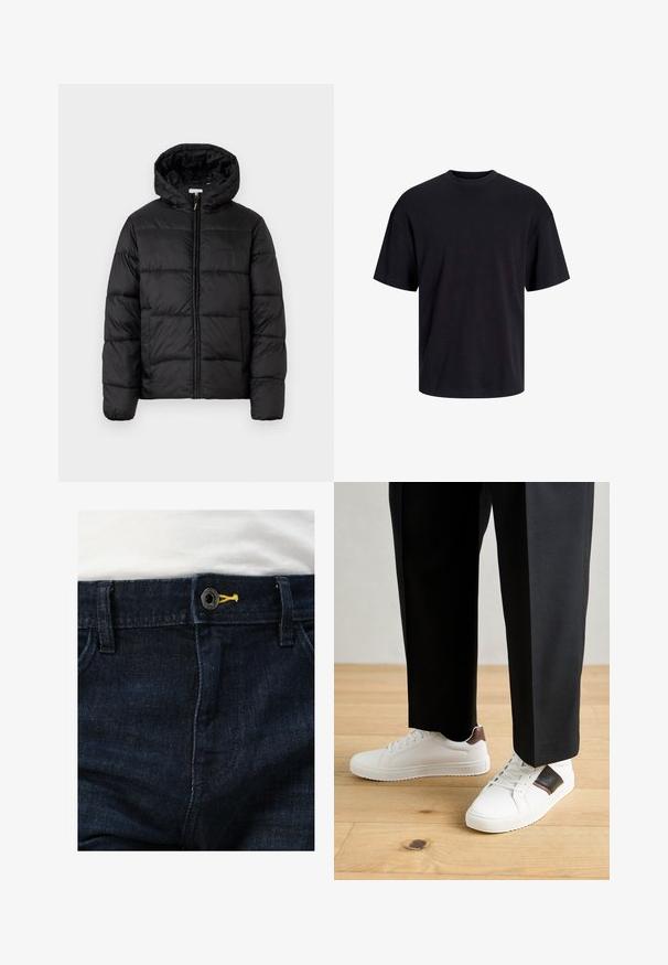 Crna puffer jakna s kapuljačom, koja ima horizontalne kvadratne panele, zatvaranje na zip sprijeda i glatku, sjajnu teksturu.; Crna pamučna majica s okruglim izrezom, kratkim rukavima i opuštenim krojem. Glatka tekstura bez vidljivih uzoraka ili dekoracija.; Tamno plave traperice s klasičnim zatvaranjem na dugme sa žutim naglaskom i višestrukim džepovima. Tekstura djeluje glatko s blagim sjajem.; Bijele tenisice s glatkom teksturom, s smešnim kožnim detaljima i crnim naglascima, u kombinaciji s crnim krojenim hlačama. Pozadina od drvenog poda.