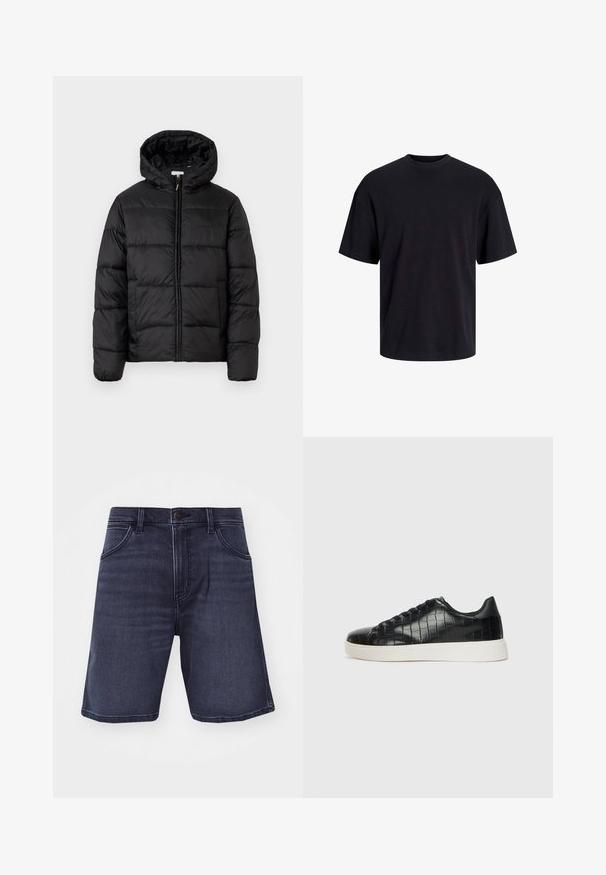 Melnā pūkainā jaka ar kapuci, ar horizontāliem quiltotiem paneļiem, ar rāvējslēdzēju priekšpusē un gludu, spīguļojošu tekstūru.; Melns kokvilnas T-krekls ar apaļu kakla izgriezumu, īsām piedurknēm un brīvu piegriezumu. Gluda tekstūra un nav redzamu rakstu vai akcentu.; Tums džinsu šorti tumši indigo krāsā ar taisnu piegriezumu, piecām kabatām un pogu aizdari. Satur vieglu nolietojumu un šuvju detaļas.; Melni sporta apavi ar teksturētu krokodila raksta ādas augšdaļu, noapaļotu pirkstu daļu un kontrastējošu baltu gumijas zoli ar gludu virsmu.