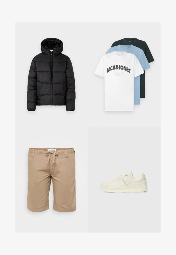 Fekete puffermellény kapucnival, vízszintes steppelésekkel, cipzáros elülső záródással és sima, fényes felülettel.; Három hajtott, rövid ujjú környakú póló fehér színben Jack & Jones logóval, világoskék és fekete színben, egymásra helyezve egy fehér háttér előtt.; Világosbarna, könnyű anyagból készült sort, elasztikus derekkal, húzózsinórral, oldalsó zsebekkel és laza szabással.; Krém színű sneaker perforált részletekkel, fűzőkkel és logóval az oldalán, egy sima fehér háttér előtt kiállítva.