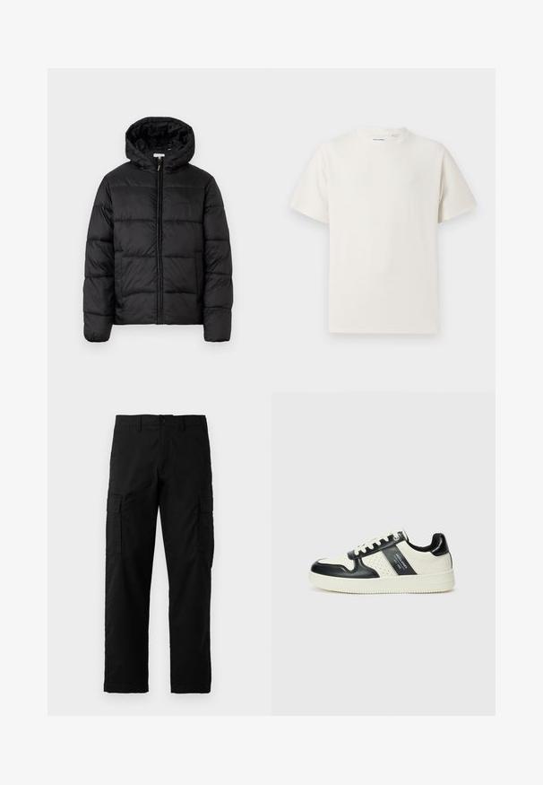 Jachetă puffer neagră cu glugă, cu panouri quilted orizontale, închidere prin fermoar și o textură netedă, lucioasă.; Tricou alb cu maneci scurte, dintr-un material ribbed. Guler rotund, croi lejer, fără modele sau accente vizibile. Design simplu și versatil.; Pantaloni cargo negri, confecționați dintr-un material durabil, cu buzunare laterale, tăiere dreaptă și închidere cu nasture la talie.; Tenisi din piele cu un scheme de culori negru și crem, dotati cu accente perforate, guler căptușit și o talpă texturată.