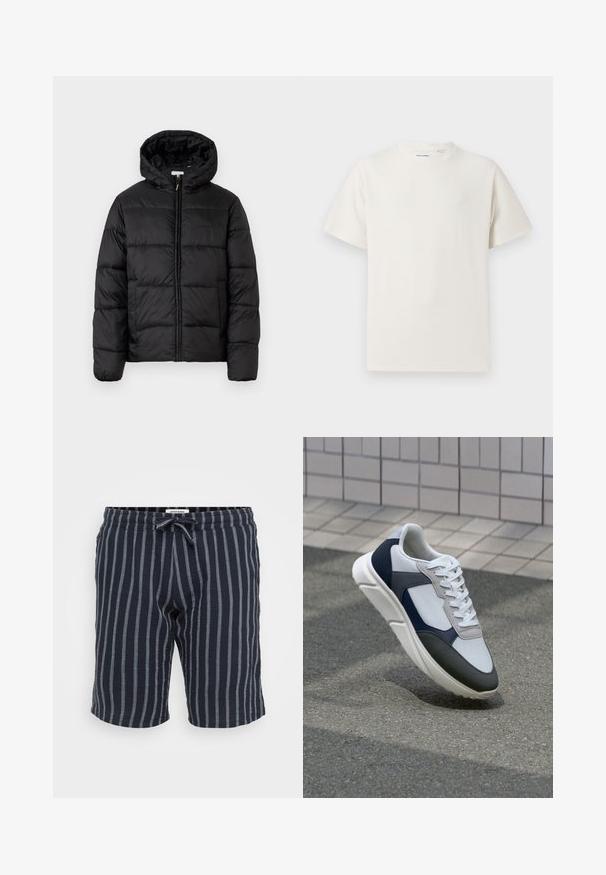 Black puffer jacket with a hood, featuring horizontal quilted panels, zip front closure, and a smooth, shiny texture.; White short-sleeve T-shirt in a ribbed texture. Round neckline, relaxed fit, no visible patterns or accents. Simple and versatile design.; Striped navy blue shorts made of lightweight fabric, featuring an elastic waistband with a drawstring and vertical light blue stripes.; White, navy, and gray sneaker with a mixed material design, featuring a textured upper, flat laces, and a cushioned sole.