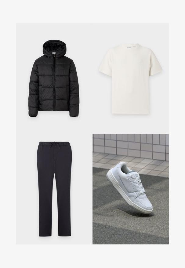 Schwarze Steppjacke mit Kapuze, ausgestattet mit horizontalen Stepppanelen, Reißverschluss vorne und einer glatten, glänzenden Textur.; Weißes T-Shirt mit kurzen Ärmeln in gerippter Textur. Runder Ausschnitt, lockere Passform, keine sichtbaren Muster oder Akzente. Einfaches und vielseitiges Design.; Schwarze Sporthosen aus weichem Stoff mit einem elastischen Bund, verstellbarem Kordelzug und geradem Schnitt. Keine sichtbaren Muster oder Verzierungen.; Weiße Ledersneaker mit perforierten Seiten, strukturierten Akzenten, flachen Schnürsenkeln und einer kontrastierenden grauen Ferse. Verfügt über eine leicht erhöhte Sohle.
