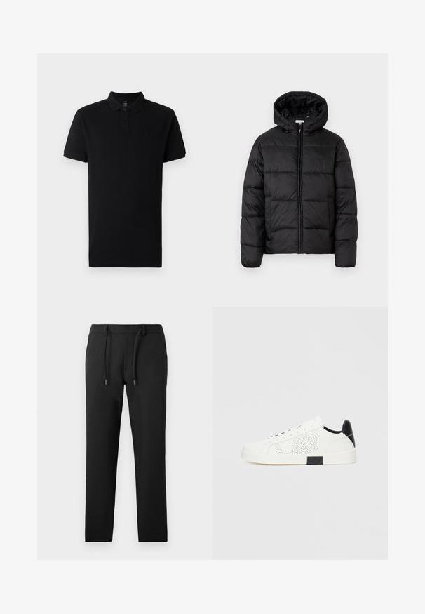 Musternaturmustar coat mustelhoovaga, hrisontaalsete tikandi paneelidega, tõmbluku ees sulgemisega ja sujuva, läikiva tekstuuriga.; Must mustaga T-särk, mis on valmistatud puuvillast, millel on kraega kaelus, kahe nupuga avamine ja lühikesed varrukad. Minimalistlik disain koos diskreetse logo detailiga.; Mustad püksid, millel on õhuke lõige, valminud pehmest kangast, varustatud paeltega vöökohaga, küljetaskutega ja siledast viimistlusest.; Valged spordijalatsid perforatsiooni mõjuga, musta kanna aksendiga ja valge kummist tallaga. Varustatud nööride ja logoga külgedel. Sile nahast tekstuur.