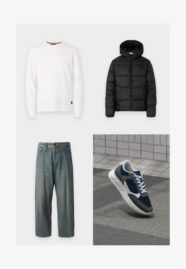 Mustapukuinen puhvijakku, jossa on huppu, vaakasuorat tikatut paneelit, vetoketjukiinnitys ja sileä, kiiltävä pinta.; Replay Pitkähihainen paita - natural white; Vaaleansiniset farkut, joissa on väljä istuvuus, keskikorkea vyötärö ja suorat lahkeet. Ominaisuuksiin kuuluvat viisi taskua, vyölenkit ja nappisulku.; Kengät, joissa on tummansininen verkkopäällinen, harmaat mokka-yksityiskohdat, valkoinen kumipohja ja litteät valkoiset nauhat, suunniteltu mukavuutta ja hengittävyyttä varten.