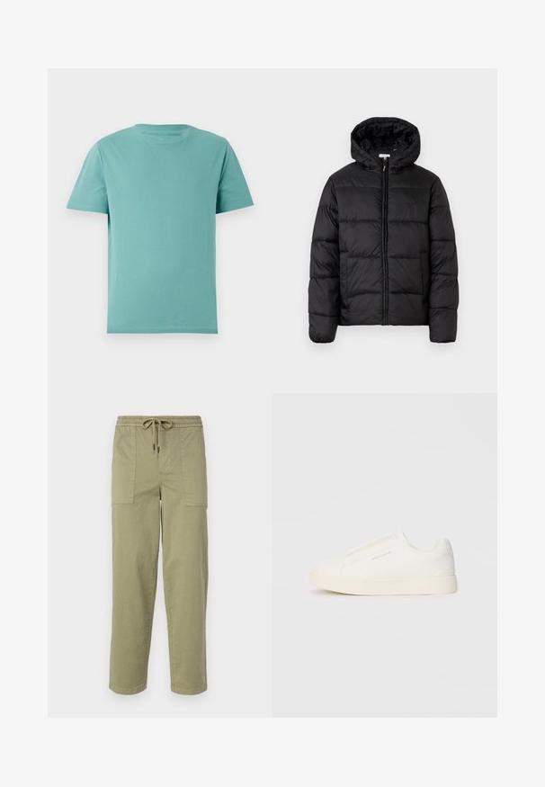 Black puffer jacket with a hood, featuring horizontal quilted panels, zip front closure, and a smooth, shiny texture.; Light teal cotton t-shirt with a round crew neck and short sleeves. Smooth texture and simple design with no patterns or accents.; Light olive green pants made of cotton blend fabric, featuring an elastic waistband with drawstring, and two large side pockets.; White slip-on sneakers with a textured surface, a thick sole, and minimalistic design. Features brand logo on the side.