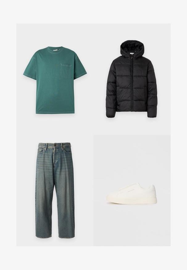 Casaco puffer preto com capuz, apresentando painéis acolchoados horizontais, fecho com zíper na frente e uma textura suave e brilhante.; T-shirt de manga curta em verde-água com costura branca e um bolso no peito do lado esquerdo, exibido contra um fundo branco simples.; Jeans de ganga azul claro com um corte solto, cintura média e pernas retas. Apresenta cinco bolsos, passadores de cinto e fecho com botão.; Sapatilhas brancas de atacar com uma superfície texturizada, sola grossa e design minimalista. Possui o logo da marca na lateral.