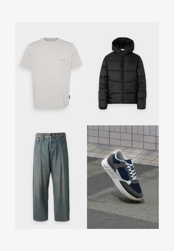 Black puffer jacket with a hood, featuring horizontal quilted panels, zip front closure, and a smooth, shiny texture.; Light gray cotton t-shirt with short sleeves, crew neck, and small logo printed on the left chest. Features a straight hem and side label.; Light blue denim jeans with a loose fit, mid-rise waist, and straight legs. Features five pockets, belt loops, and a button closure.; Sneaker featuring a navy blue mesh upper, gray suede accents, white rubber sole, and flat white laces, designed for comfort and breathability.