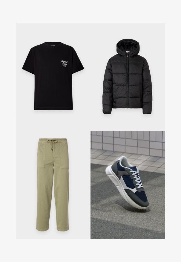 Casaco puffer preto com capuz, apresentando painéis acolchoados horizontais, fecho com zíper na frente e uma textura suave e brilhante.; Camiseta preta de manga curta feita de algodão. Apresenta um pequeno logo branco na área do peito esquerdo. Design de gola redonda, ajuste regular.; Calças verde-oliva claras feitas de um tecido de algodão misto, com um cós elástico com cordão e dois bolsos laterais grandes.; Sapatilha com parte superior em malha azul-marinho, detalhes em camurça cinza, sola de borracha branca e atacadores brancos planos, projetada para conforto e respirabilidade.