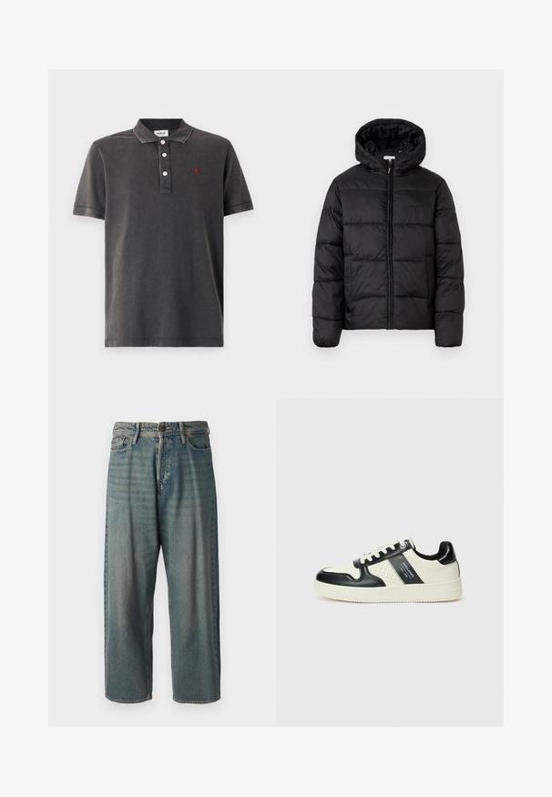 Fekete puffermellény kapucnival, vízszintes steppelésekkel, cipzáros elülső záródással és sima, fényes felülettel.; Sötétszürke pólóing, pamutból készült, három gombos kivágással, rövid ujjakkal és egy kis vörös logóval a mellkasán.; Világoskék farmernadrág, laza fazonnal, közepes derékbőséggel és egyenes szárral. Öt zsebet, övbucskát és gombos záródást tartalmaz.; Fekete és krém színű bőrsneaker, perforált díszítésekkel, párnázott bokapánttal és texturált talppal.