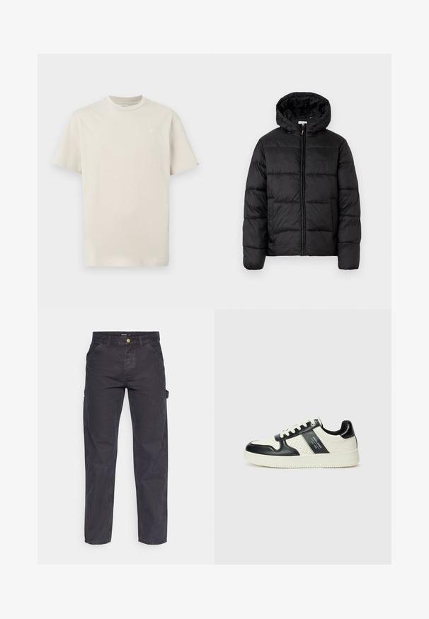 Mustapukuinen puhvijakku, jossa on huppu, vaakasuorat tikatut paneelit, vetoketjukiinnitys ja sileä, kiiltävä pinta.; Vaaleanbeige puuvillapaidan, jossa on pyöreä kaula-aukko, lyhyet hihat ja pieni brodeerattu logo rinnassa. Yksinkertainen, normaali istuvuus.; Tummanharmaat cargo-housut, jotka on valmistettu kestävästä kankaasta. Niissä on suora lahkeellinen leikkaus, viisi taskua ja nappikiinnitys vyötäröllä.; Nahkakengät musta-kerma värimaailmassa, joissa on rei'itetyt yksityiskohdat, pehmustettu nilkkaosa ja teksturoitu pohja.