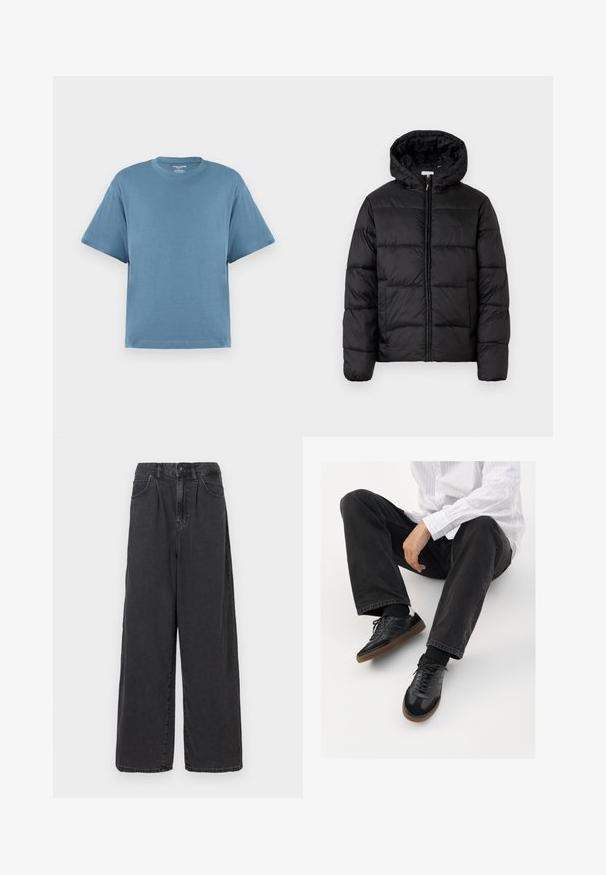 Sort pufferjakke med hætte, med vandrette quiltede paneler, lynlåslukning foran og en glat, skinnende tekstur.; Blå kortærmet t-shirt, lavet af bomuld, med rund hals og løs pasform. Glat tekstur, minimalistisk design, uden mønstre eller accenter.; Bredde ben, høj talje sorte denimbukser med frontknap og lynlås, der har sidelommer og en glat overflade.; Sorte sneakers med en glat og tekstureret overdel, der har en gummisål og mørke snørebånd. Bæret sammen med sorte jeans og en hvid stribet skjorte.