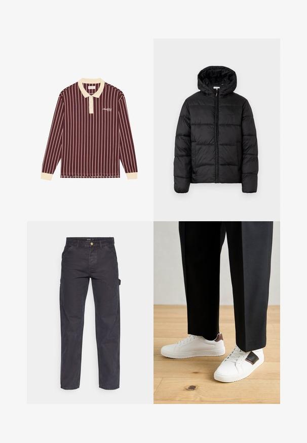 Fekete puffermellény kapucnival, vízszintes steppelésekkel, cipzáros elülső záródással és sima, fényes felülettel.; Burgundi hosszú ujjú pólókról van szó, krémszínű függőleges csíkokkal, krémszínű gallérral és hímzett logóval a mellkason, bordázott mandzsettákkal.; Sötétszürke cargo nadrág tartós anyagból, egyenes szárú fazonnal, öt zsebbel és gombos derékzárral.; Fehér sneaker, sima textúrával, barna bőr díszítéssel és fekete részletekkel, fekete szabott nadrággal párosítva. Fából készült padló háttér.