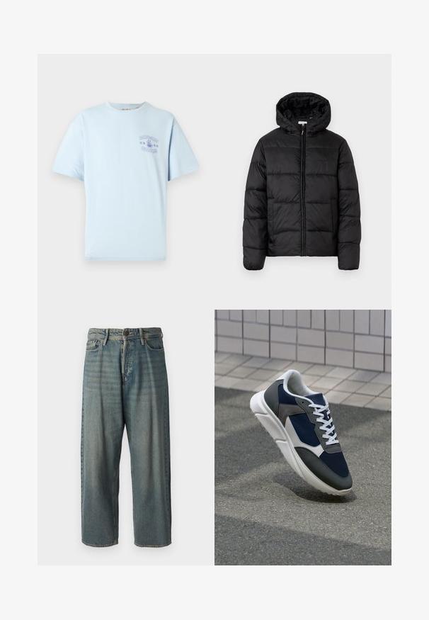 Musternaturmustar coat mustelhoovaga, hrisontaalsete tikandi paneelidega, tõmbluku ees sulgemisega ja sujuva, läikiva tekstuuriga.; Hele sinine lühikeste varrukatega T-särk, mille rinnal on väike lilla "ONLY & SONS NOODLES" graafika koos nuudlitaldrikuga.; Heledad sinine denim-stiilis teksad, volüümse lõike, keskmise kõrgusega talje ja sirgete säärega. Omab viit taskut, vöökumme ja nööpide sulgemist.; Sneaker, mille sinine võrkkangas, hallid nubukdetailid, valge kummitald ja lamedad valged paelad, disainitud mugavuseks ja hingavuseks.