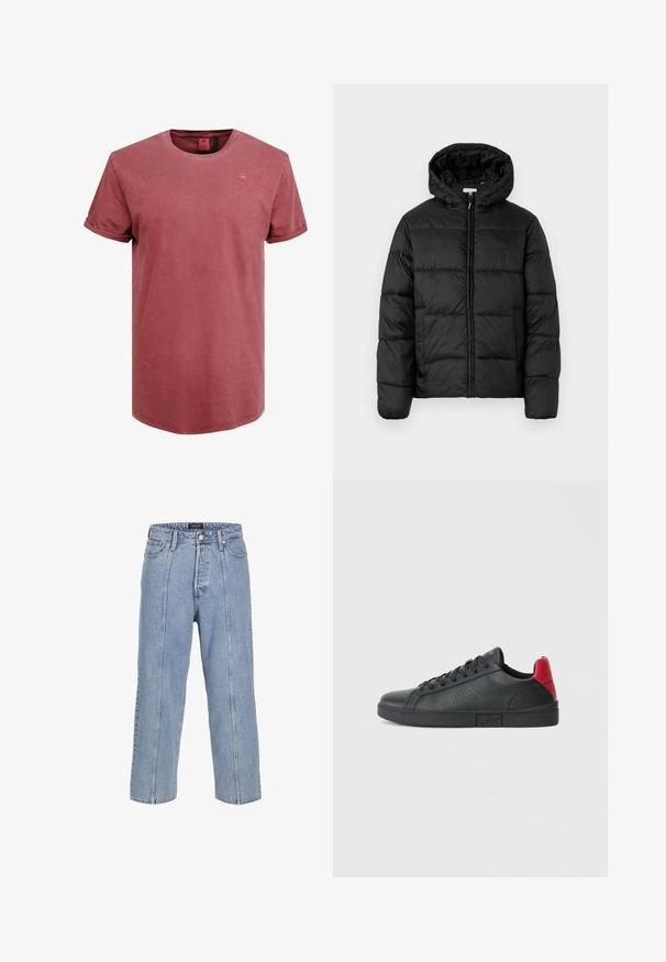 Black puffer jacket with a hood, featuring horizontal quilted panels, zip front closure, and a smooth, shiny texture.; Short-sleeve, round-neck t-shirt in faded red cotton. Features a small, tonal logo on the chest and rolled sleeve cuffs. Smooth texture.; Light blue denim jeans with a loose fit, wide legs, and visible stitching details. Features a button and zip fly closure, five pockets.; Black synthetic sneaker with red heel accents, perforated side design, rounded toe, flat black sole, and black laces.