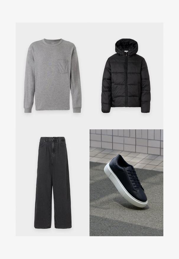 Giacca a vento nera con cappuccio, caratterizzata da pannelli trapuntati orizzontali, chiusura frontale con zip e una texture liscia e lucida.; T-shirt grigio a maniche lunghe con colletto rotondo, dotato di taschino sul petto e polsini a costine. Realizzato in morbido cotone leggero.; Pantaloni in denim neri a gamba larga e vita alta con chiusura frontale a bottoni e zip, dotati di tasche laterali e una texture liscia.; Sneaker in pelle nera con punta arrotondata e suola in gomma bianca. Presenta lacci piatti e cuciture minime sulla parte superiore. Suola testurizzata per una migliore aderenza.