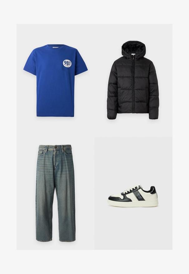 Casaco puffer preto com capuz, apresentando painéis acolchoados horizontais, fecho com zíper na frente e uma textura suave e brilhante.; T-shirt de algodão azul com mangas curtas, gola redonda e um logótipo oval branco com os números "981" e a palavra "REPLAY" impressos na frente.; Jeans de ganga azul claro com um corte solto, cintura média e pernas retas. Apresenta cinco bolsos, passadores de cinto e fecho com botão.; Ténis de couro com um esquema de cores em preto e creme, apresentando detalhes perfurados, um colarinho acolchoado e uma sola texturizada.