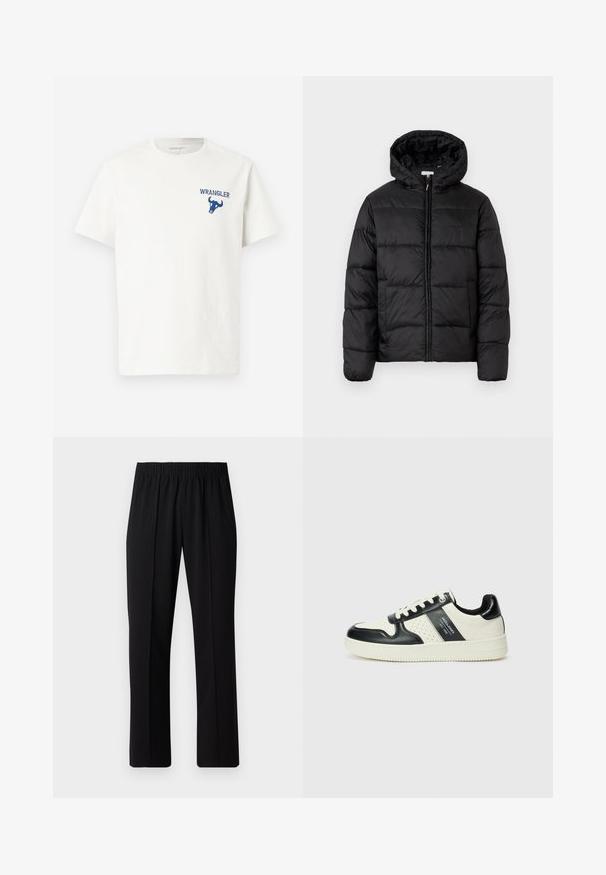 Black puffer jacket with a hood, featuring horizontal quilted panels, zip front closure, and a smooth, shiny texture.; White cotton t-shirt featuring a blue Wrangler logo and bull graphic on the left chest area. Short sleeves and crew neckline.; Black, elastic-waist trousers with a straight-leg design, featuring a smooth texture and no visible patterns or hardware.; Leather sneakers with a black and cream color scheme, featuring perforated accents, a padded collar, and a textured outsole.