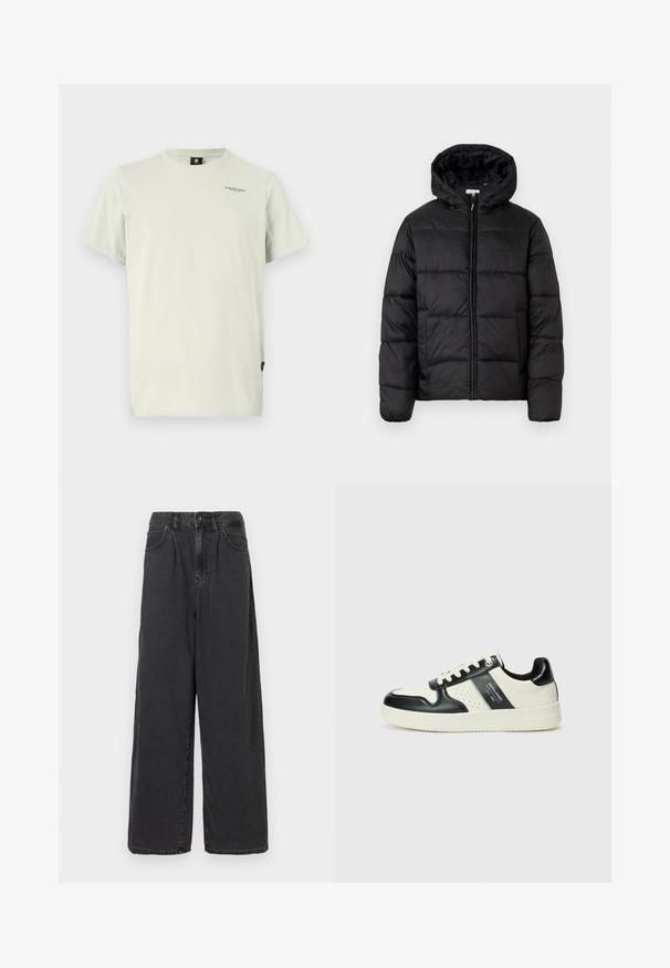 Juodas pūkinis švarkas su kapišonu, su horizontaliai siuvinėtais audinio ruožais, priekyje užsegamas užtrauktuku ir turintis lygią, blizgią tekstūrą.; Šviesiai smėlio spalvos marškinėliai, pagaminti iš minkštos medvilnės medžiagos. Turi apvalią iškirptę, trumpas rankoves ir mažą logo spaudą kairėje viršutinėje pusėje.; Plačios kojos, aukšto juosmens juodos džinsinės kelnės su priekiniais mygtukais ir užtrauktuku, turinčios šonines kišenes ir lygią tekstūrą.; Odiniai sportbačiai juodos ir kreminės spalvų schemoje, su perforuotais akcentais, paminkštinta apykakle ir tekstūruotu padu.