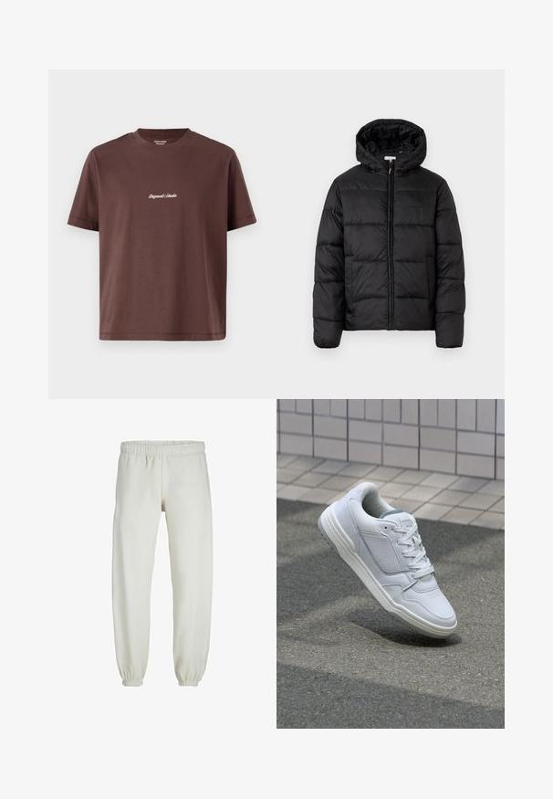 Schwarze Steppjacke mit Kapuze, ausgestattet mit horizontalen Stepppanelen, Reißverschluss vorne und einer glatten, glänzenden Textur.; Braunes Baumwoll-T-Shirt mit Rundhalsausschnitt. Verfügt über kurze Ärmel und einen zentralen, weiß gestickten Text mit der Aufschrift "Original Studio".; Weiße Jogginghose aus weichem Stoff, mit elastischem Bund und Säumen, einer glatten Textur und lockerem Schnitt.; Weiße Ledersneaker mit perforierten Seiten, strukturierten Akzenten, flachen Schnürsenkeln und einer kontrastierenden grauen Ferse. Verfügt über eine leicht erhöhte Sohle.