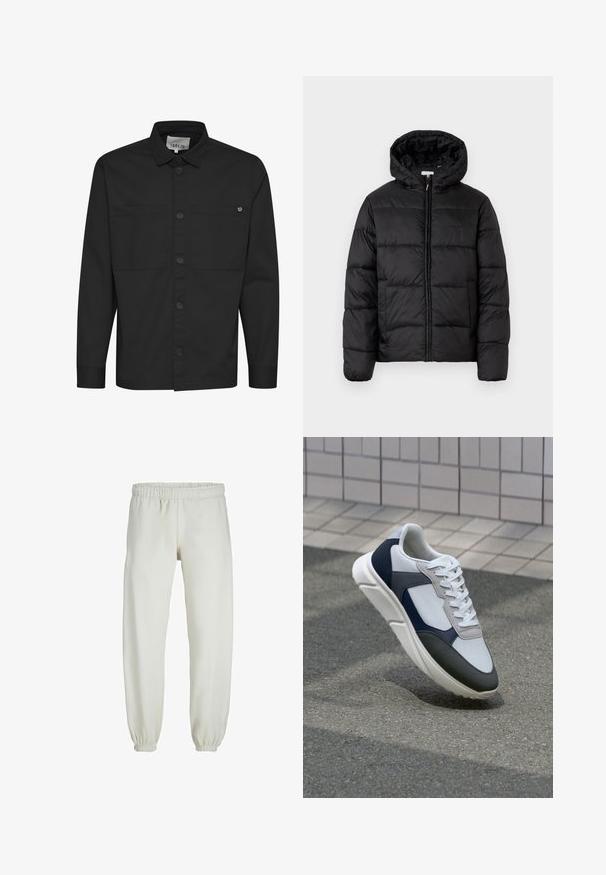 Čierna prešívaná bunda s kapucňou, s horizontálnymi prešívanými panelmi, so zipsom vpredu a hladkou, lesklou textúrou.; Čierna košeľa s dlhými rukávmi, ktorá má zapínanie na gombíky vpredu, dve náprsné vrecká a špicatý golier. Vyrobená z hladkej tkaniny s matným povrchom.; Biele teplákové nohavice vyrobené z mäkkej textílie, s elastickým pásom a manžetami, s hladkým povrchom a voľným strihom.; Biele, námornícke a šedé tenisky s kombinovaným materiálom, so štruktúrovaným zvrškom, plochými šnúrkami a polstrovanou podošvou.
