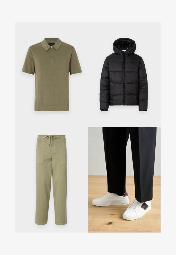 Svart puffjakke med hette, med horisontale quiltpaneler, glidelås foran og en glatt, shiny tekstur.; Oliven grønn kortermet polo skjorte, med glidelås krage, teksturert stoff og rett kant. Enkelt og rent design.; Lys olivengrønne bukser laget av bomullsblandingsstoff, med elastisk midje og snor, samt to store sidelommer.; Hvite sneakers med glatt tekstur, med brune skinnakenter og svart detaljer, parret med svarte skreddersydde bukser. Bakgrunn med tregulv.