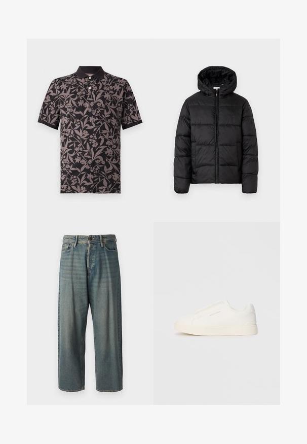 Musternaturmustar coat mustelhoovaga, hrisontaalsete tikandi paneelidega, tõmbluku ees sulgemisega ja sujuva, läikiva tekstuuriga.; Must küllane polo särk halli tooni lillemustri ja kraega. Lühikesed varrukad ja kolme nööbiga nööpauk.; Heledad sinine denim-stiilis teksad, volüümse lõike, keskmise kõrgusega talje ja sirgete säärega. Omab viit taskut, vöökumme ja nööpide sulgemist.; Valged libisemiskindlad tossud tekstuuriga pinnaga, paksu tallaga ja minimalistikus disainis. Küljel on brändi logo.