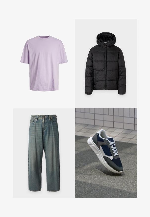 Juodas pūkinis švarkas su kapišonu, su horizontaliai siuvinėtais audinio ruožais, priekyje užsegamas užtrauktuku ir turintis lygią, blizgią tekstūrą.; Jack & Jones JJEBRADLEY TEE SS O-NECK - Paprasti marškinėliai - purple rose; Šviesiai mėlyni džinsai su laisvu siluetu, vidutinio aukščio juosmeniu ir tiesiomis kojomis. Su penkiais kišenėmis, diržo kilpo ir mygtukų uždarymu.; Sportiniai bateliai su tamsiai mėlynu tinkliniu viršumi, pilkais zomšiniais akcentais, balta guma padanga ir plokščiomis baltomis raištelėmis, sukurti komfortui ir oro pralaidumui.