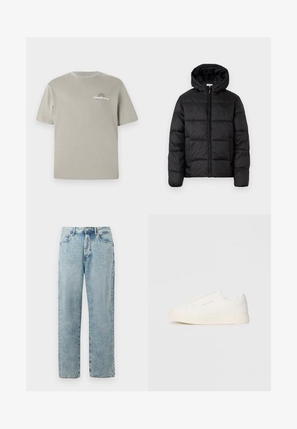 Črna pufasta bunda s kapuco, ki ima vodoravne prešite plošče, sprednje zapiranje na zadrgo in gladko, sijočo teksturo.; Svijetlosivi pamučni majica s kratkim rukavima, okruglim izrezom i malim grafičkim natpisom "ATLETSKI KLUB" na prsima. Glatka tekstura.; Svijetloplave traperice ravnog kroja s gumbom i zatvaračem, prednjim džepovima i suptilnim izblijedjelim detaljima.; Bele zapete brez vezalk z teksturirano površino, debelim podplatom in minimalističnim dizajnom. Na strani se nahaja logotip blagovne znamke.