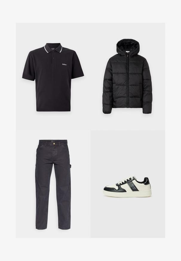 Fekete puffermellény kapucnival, vízszintes steppelésekkel, cipzáros elülső záródással és sima, fényes felülettel.; Fekete pólóing, pamutból készült, fehér gallérral, két gombos nyakkivágással, és egy kis hímzett logóval a bal mellkason.; Sötétszürke cargo nadrág tartós anyagból, egyenes szárú fazonnal, öt zsebbel és gombos derékzárral.; Fekete és krém színű bőrsneaker, perforált díszítésekkel, párnázott bokapánttal és texturált talppal.