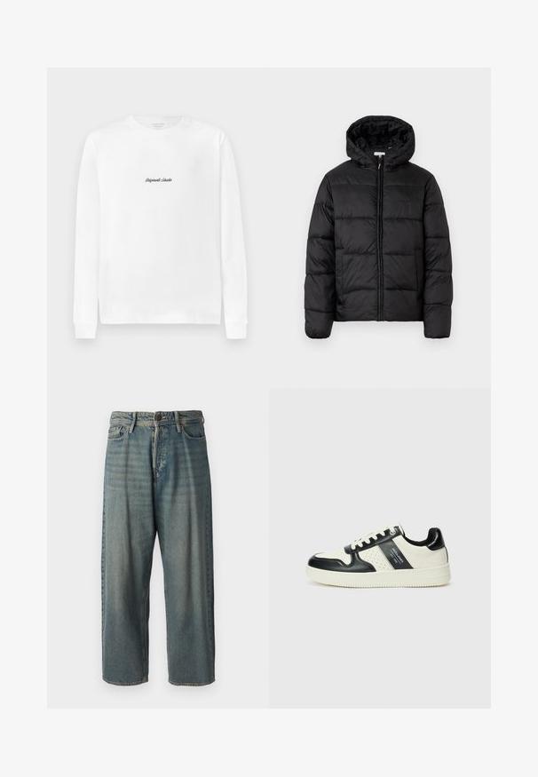 Casaco puffer preto com capuz, apresentando painéis acolchoados horizontais, fecho com zíper na frente e uma textura suave e brilhante.; T-shirt branca de manga longa com um pequeno logótipo em script preto "Originals Studio" centrado no peitoral.; Jeans de ganga azul claro com um corte solto, cintura média e pernas retas. Apresenta cinco bolsos, passadores de cinto e fecho com botão.; Ténis de couro com um esquema de cores em preto e creme, apresentando detalhes perfurados, um colarinho acolchoado e uma sola texturizada.