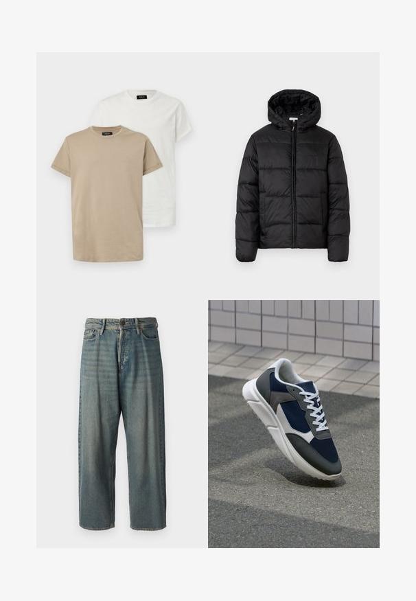 Casaco puffer preto com capuz, apresentando painéis acolchoados horizontais, fecho com zíper na frente e uma textura suave e brilhante.; Duas t-shirts em bege e branco, com decote redondo, mangas curtas e um pequeno logótipo no peito. Feitas de tecido de algodão macio.; Jeans de ganga azul claro com um corte solto, cintura média e pernas retas. Apresenta cinco bolsos, passadores de cinto e fecho com botão.; Sapatilha com parte superior em malha azul-marinho, detalhes em camurça cinza, sola de borracha branca e atacadores brancos planos, projetada para conforto e respirabilidade.