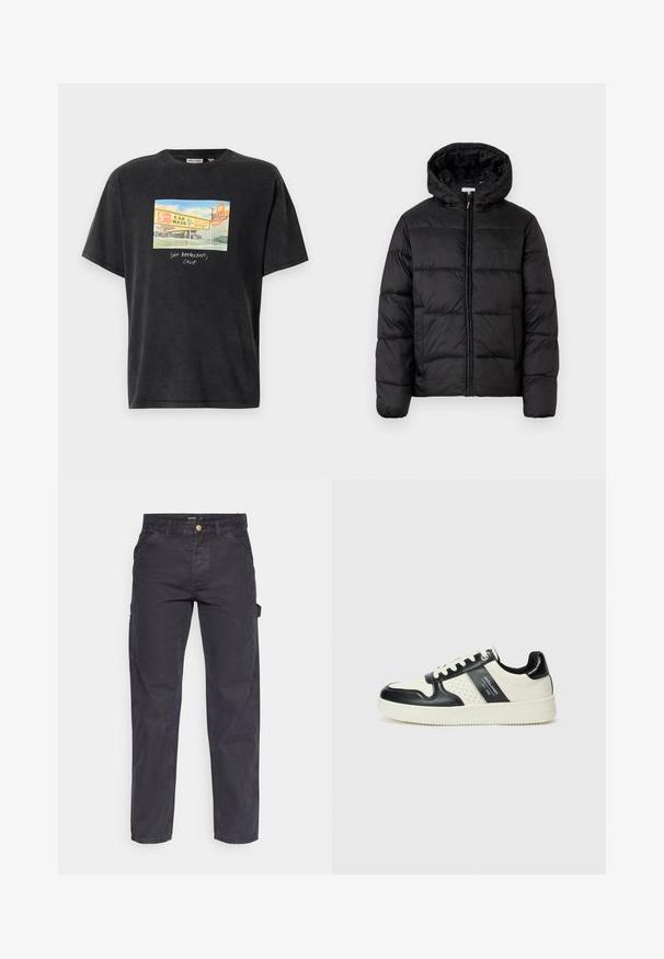 Zwarte pufferjack met een capuchon, met horizontale gestikte panelen, ritssluiting aan de voorkant en een gladde, glanzende textuur.; Zwarte T-shirt met korte mouwen van katoen, met een kleurrijke grafische print van een autocontact met de tekst "SAN BERNARDINO, CALIF."; Donkergrijze cargobroek van duurzaam materiaal, met een rechte pijp, vijf zakken en een knoopsluiting in de taille.; Leren sneakers met een zwart en crèmekleurig kleurenschema, voorzien van geperforeerde accenten, een gevoerde kraag en een gestructureerde buitenzool.
