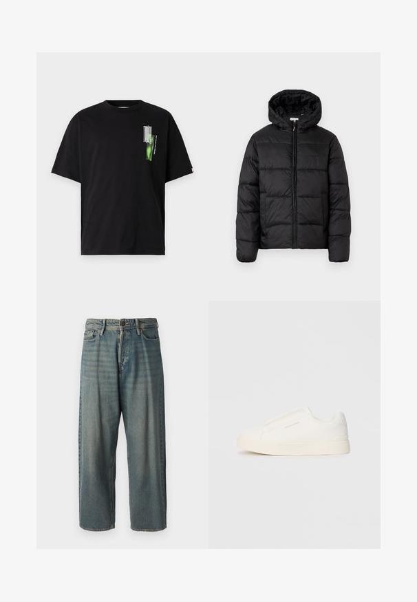 Μαύρο μπουφάν με κουκούλα, με οριζόντια καπιτονέ πάνελ, κλείσιμο με φερμουάρ μπροστά και λεία, γυαλιστερή υφή.; Μαύρο βαμβακερό μπλουζάκι με στρογγυλή λαιμόκοψη. Διαθέτει πράσινο γραφικό σχέδιο με κείμενο στην αριστερή πλευρά της θήκης του στήθους. Έχει κοντά μανίκια και χαλαρή εφαρμογή.; Ανοιχτό μπλε τζιν παντελόνι με χαλαρή γραμμή, μέση μέσου ύψους και ευθείες γραμμές. Περιλαμβάνει πέντε τσέπες, θηλιές ζώνης και κούμπωμα με κουμπί.; Λευκά slip-on παπούτσια με υφή, παχύ πάτο και μινιμαλιστικό σχέδιο. Φέρει το λογότυπο της μάρκας στο πλάι.