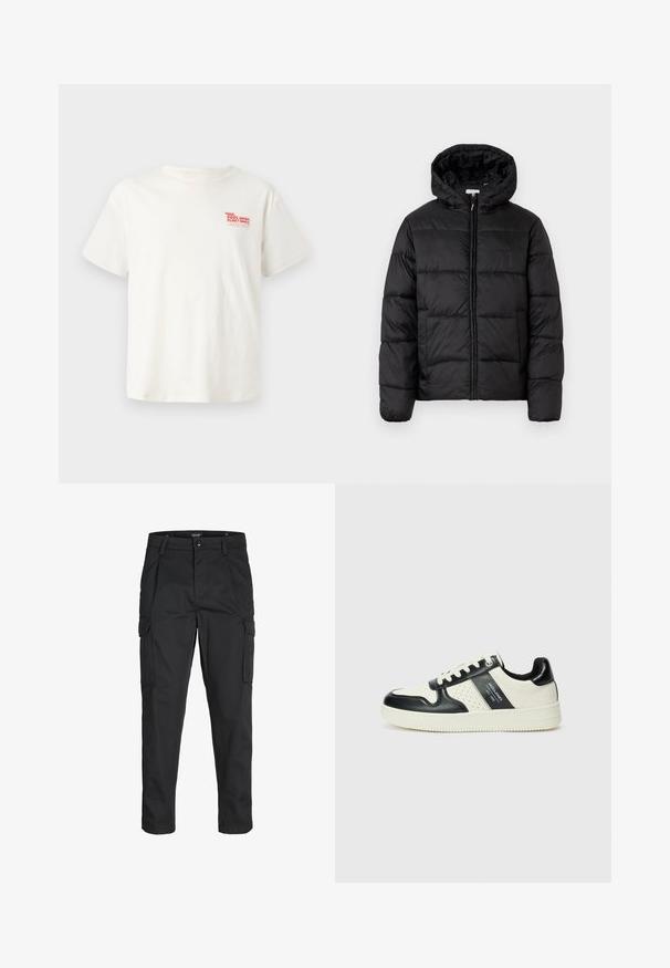 Black puffer jacket with a hood, featuring horizontal quilted panels, zip front closure, and a smooth, shiny texture.; White cotton t-shirt with short sleeves, featuring a red "POOL REPAIR FLOAT SERVICE" graphic on the left chest area.; Black cargo pants made of sturdy fabric, featuring multiple pockets, a button closure, and a slim fit design with tapered legs.; Leather sneakers with a black and cream color scheme, featuring perforated accents, a padded collar, and a textured outsole.