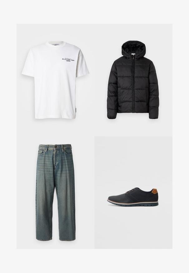 Črna pufasta bunda s kapuco, ki ima vodoravne prešite plošče, sprednje zapiranje na zadrgo in gladko, sijočo teksturo.; Bela bomba bela bela izbira. Bela bomba bela izbira. Bela bomba bela izbira. Bela bomba bela izbira. Bela bomba bela izbira. Bela bomba bela izbira. Bela bomba bela izbira. Bela bomba bela izbira. Bela bomba bela izbira.; Svetlomoderne kavbojke z ohlapnim krojem, srednjim pasom in ravnimi nogami. Imajo pet žepov, zanke za pas in zapiranje na gumb.; Črne sintetične čevlje z teksturirano zgornjščino, gladkimi akcenti, rjavim petnim delom in kontrastnim podplatom. Imajo minimalno vezanje in detajle šivanja.