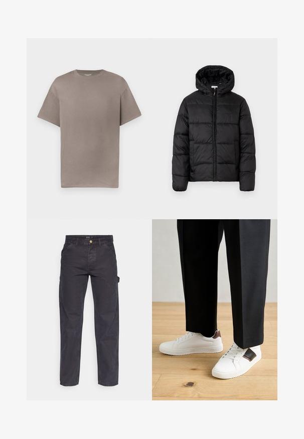 Czarna kurtka puchowa z kapturem, z poziomymi pikowanymi panelami, zapinana na zamek błyskawiczny z przodu i o gładkiej, błyszczącej fakturze.; Prosta, luźna koszulka z krótkim rękawem i okrągłym dekoltem w stonowanym odcieniu taupe, wyeksponowana na białym tle.; Ciemnoszare spodnie cargo wykonane z trwałej tkaniny, z prostymi nogawkami, pięcioma kieszeniami i zapięciem na guzik w talii.; Białe trampki o gładkiej fakturze, z brązowymi skórzanymi akcentami i czarnymi detalami, zestawione z czarnymi eleganckimi spodniami. Tło stanowi drewniana podłoga.