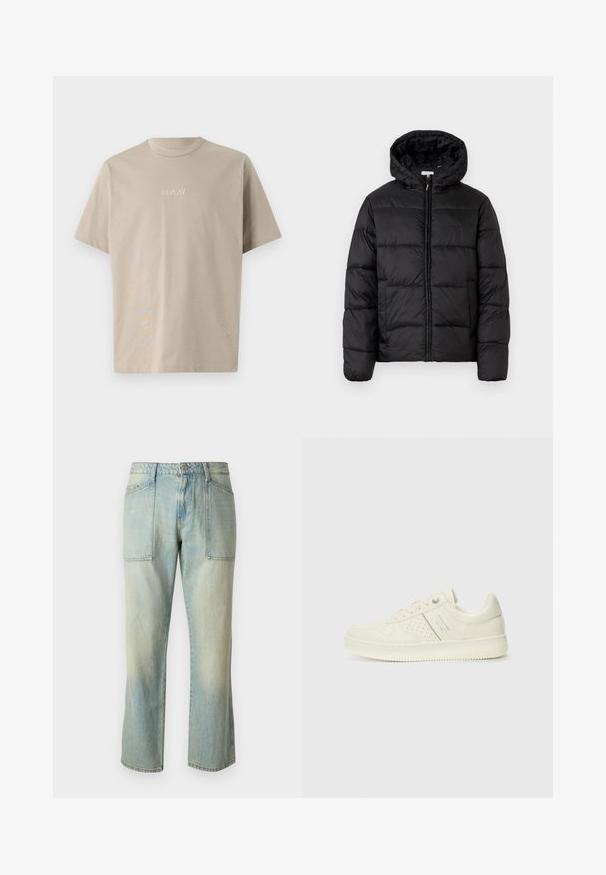 Svart puffjakke med hette, med horisontale quiltpaneler, glidelås foran og en glatt, shiny tekstur.; Beige bomull T-skjorte med korte ermer, rund hals og en liten "REPLAY"-logo brodert i hvitt foran.; Lyseblå denimjeans med rett benutskjæring, synlige sømmer og to store frontlommer. Stoffet har en falmet tekstur.; Kremfargede sneakers med perforerte detaljer, snøring og logo på siden, vist mot en enkel hvit bakgrunn.