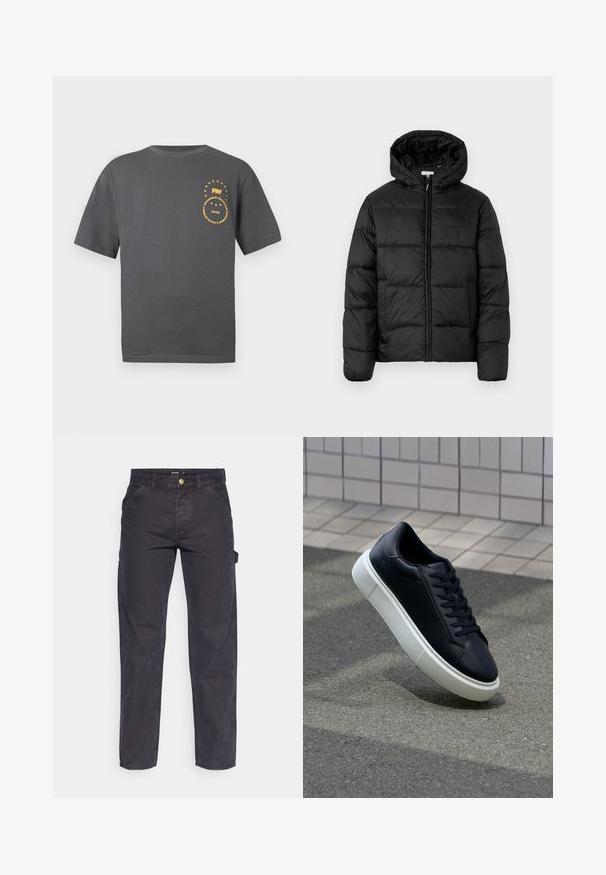 Veste matelassée noire avec capuche, présentant des panneaux matelassés horizontaux, un devant zippé et une texture lisse et brillante.; T-shirt gris à manches courtes en coton. Présente un motif graphique circulaire jaune avec du texte et des étoiles sur le côté gauche de la poitrine.; Pantalons cargo gris foncé en tissu durable, avec une coupe droite, cinq poches et une fermeture à bouton à la taille.; Baskets noires en cuir avec bout arrondi et semelle en caoutchouc blanc. Elles présentent des lacets plats et une couture minimale sur la tige. Semelle texturée pour une bonne adhérence.