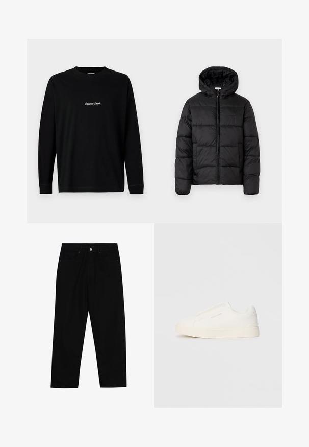 Schwarze Steppjacke mit Kapuze, ausgestattet mit horizontalen Stepppanelen, Reißverschluss vorne und einer glatten, glänzenden Textur.; Schwarzes Langarm-T-Shirt mit dem auf der Brust gestickten Schriftzug "Originals Studio" in Weiß; minimalistisches Design vor einem schlichten Hintergrund.; Schwarze Jeans mit geradem Schnitt, Fünf-Taschen-Design und einem vorderen Knopfverschluss. Glatte Textur mit minimalen Nähten.; Weiße Slip-On-Sneaker mit einer strukturierten Oberfläche, dicker Sohle und minimalistischem Design. Mit Logo der Marke an der Seite.