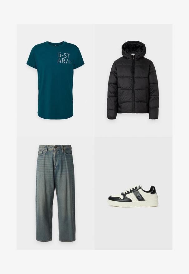 Casaco puffer preto com capuz, apresentando painéis acolchoados horizontais, fecho com zíper na frente e uma textura suave e brilhante.; G-STAR LASH SMALL GRAPHIC - T-shirt estampada - bright billet green; Jeans de ganga azul claro com um corte solto, cintura média e pernas retas. Apresenta cinco bolsos, passadores de cinto e fecho com botão.; Ténis de couro com um esquema de cores em preto e creme, apresentando detalhes perfurados, um colarinho acolchoado e uma sola texturizada.