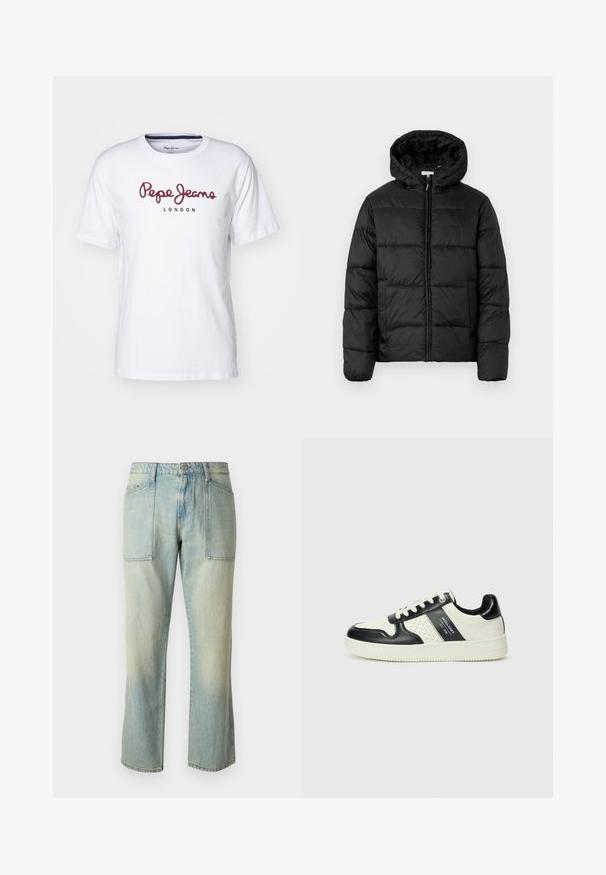 Juodas pūkinis švarkas su kapišonu, su horizontaliai siuvinėtais audinio ruožais, priekyje užsegamas užtrauktuku ir turintis lygią, blizgią tekstūrą.; Balta medvilnė marškinėliai su bordo spalvos "Pepe Jeans" logotipu ir užrašu "LONDON", apvaliu kaklu, trumpomis rankovėmis ir laisvu siluetu.; Šviesiai mėlyni džinsai su tiesia kojų kirpimu, matomomis siūlėmis ir dviem didelėmis priekinėmis kišenėmis. Audinys turi pablukusį tekstūrą.; Odiniai sportbačiai juodos ir kreminės spalvų schemoje, su perforuotais akcentais, paminkštinta apykakle ir tekstūruotu padu.