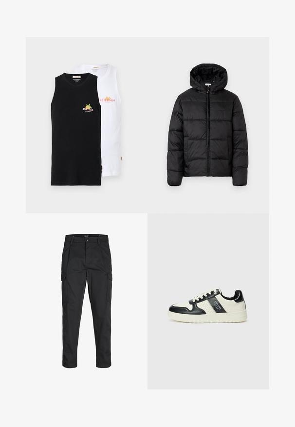 Fekete puffermellény kapucnival, vízszintes steppelésekkel, cipzáros elülső záródással és sima, fényes felülettel.; Két ujjatlan pamut trikó: az egyik fekete "ANTIBES" logóval, a másik fehér "CÔTE D'AZUR" logóval. Sima textúra, otthonos stílus.; Fekete cargo nadrág, amely tartós anyagból készült, több zsebet tartalmaz, gombos záródással rendelkezik, és karcsú szabású, szűkített lábakkal bír.; Fekete és krém színű bőrsneaker, perforált díszítésekkel, párnázott bokapánttal és texturált talppal.