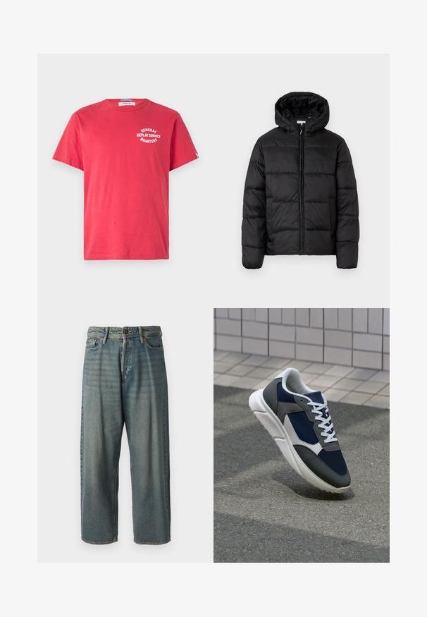 Casaco puffer preto com capuz, apresentando painéis acolchoados horizontais, fecho com zíper na frente e uma textura suave e brilhante.; T-shirt de algodão vermelho com mangas curtas, gola redonda e texto gráfico branco: "SERVIÇO GERAL DE REPLAY - QUARTOS" na frente.; Jeans de ganga azul claro com um corte solto, cintura média e pernas retas. Apresenta cinco bolsos, passadores de cinto e fecho com botão.; Sapatilha com parte superior em malha azul-marinho, detalhes em camurça cinza, sola de borracha branca e atacadores brancos planos, projetada para conforto e respirabilidade.