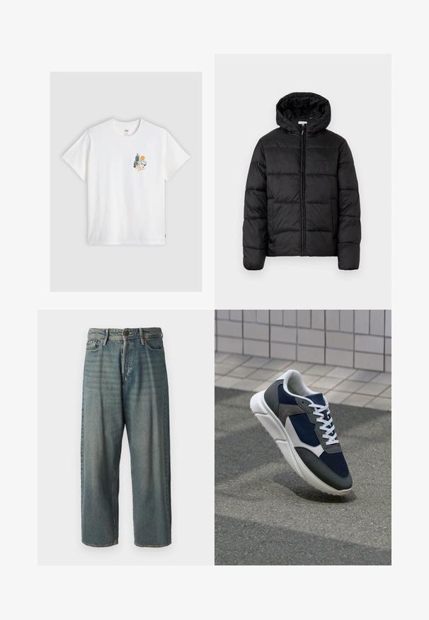 Černá péřová bunda s kapucí, s horizontálně prošívanými panely, předním zipovým zapínáním a hladkým, lesklým povrchem.; Levi's® RELAXED FIT TEE - Triko s potiskem - bright white; Světle modré denimové džíny s volným střihem, středně vysokým pasem a rovnými nohavicemi. Obsahují pět kapes, poutka na opasek a zapínání na knoflík.; Tenisky s horní částí z námornicky modré síťoviny, šedými semišovými akcenty, bílou gumovou podrážkou a plochými bílými tkaničkami, navržené pro pohodlí a prodyšnost.