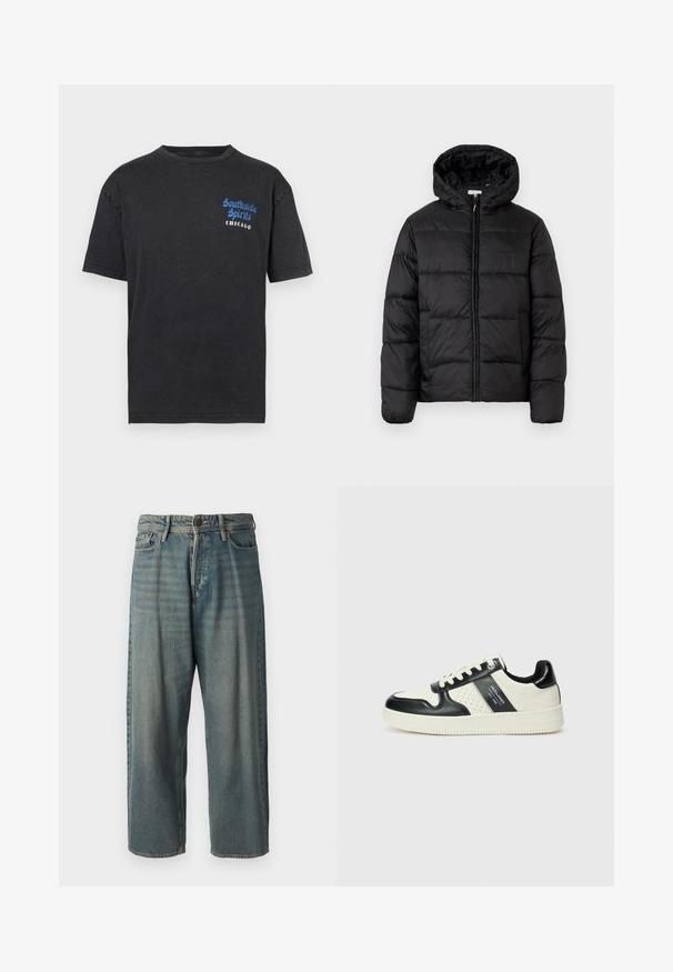 Μαύρο μπουφάν με κουκούλα, με οριζόντια καπιτονέ πάνελ, κλείσιμο με φερμουάρ μπροστά και λεία, γυαλιστερή υφή.; Μαύρο βαμβακερό μπλουζάκι με κοντά μανίκια. Διαθέτει μπλε και λευκό κείμενο με την επιγραφή "Southside Spirits" και "Chicago" στο αριστερό στήθος.; Ανοιχτό μπλε τζιν παντελόνι με χαλαρή γραμμή, μέση μέσου ύψους και ευθείες γραμμές. Περιλαμβάνει πέντε τσέπες, θηλιές ζώνης και κούμπωμα με κουμπί.; Δερμάτινα sneakers με μαύρο και κρεμ χρωματικό σχέδιο, με διάτρητες λεπτομέρειες, επενδεδυμένο κολάρο και υφή στη σόλα.