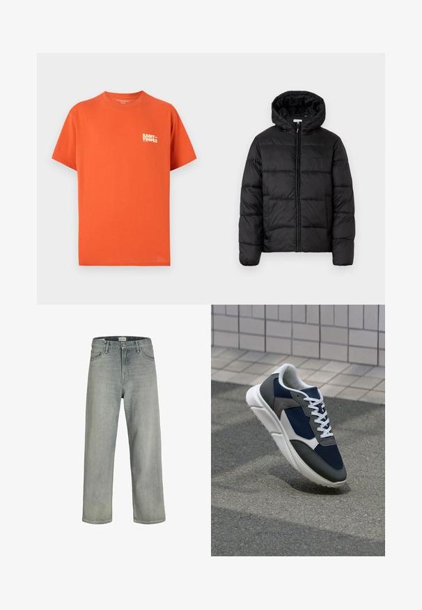 Čierna prešívaná bunda s kapucňou, s horizontálnymi prešívanými panelmi, so zipsom vpredu a hladkou, lesklou textúrou.; Polo s krátkym rukávom v oranžovej farbe vyrobené z bavlny, s malým bielym logom "SAINT-TROPEZ" na ľavej hrudi. Priamy strih a mäkká textúra.; Svetlošedé džíny vo voľnom strihu vyrobené z denimu. Obsahujú klasický dizajn s piatimi vreckami, pútka na opasok a strih rovného nohavice.; Tenisky s sieťovinou v námorníckej modrej farbe, so sivými semišovými detailmi, bielou gumovou podrážkou a plochými bielymi šnúrkami, navrhnuté pre pohodlie a priedušnosť.