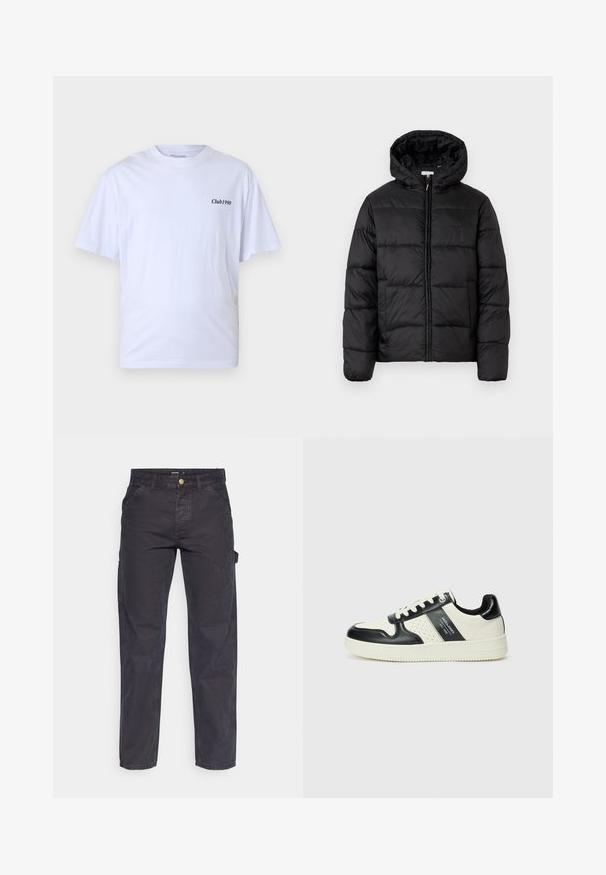 Juodas pūkinis švarkas su kapišonu, su horizontaliai siuvinėtais audinio ruožais, priekyje užsegamas užtrauktuku ir turintis lygią, blizgią tekstūrą.; Balta medvilninė t-marškinė su trumpomis rankovėmis, apvaliu iškirpimu ir juodu užrašu "Club1990" kairėje krūtinės pusėje. Kasdienis kirpimas.; Tamsiai pilkos krovininės kelnės, pagamintos iš patvarios medžiagos, su tiesaus kirpimo, penkiomis kišenėmis ir mygtukiniu užtrauktuku liemens srityje.; Odiniai sportbačiai juodos ir kreminės spalvų schemoje, su perforuotais akcentais, paminkštinta apykakle ir tekstūruotu padu.